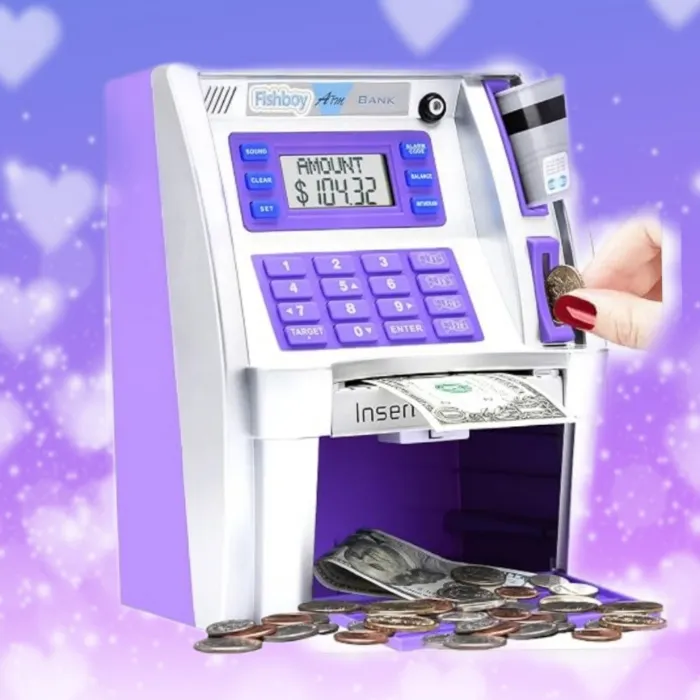 ATM Piggy Bank for Kids with Power-Off Memory and Debit Card for Real Money | with onekey shutdown, coin recognition, target setting, bill feeder, balance calculator, electronic savings machine - Silver/Purple