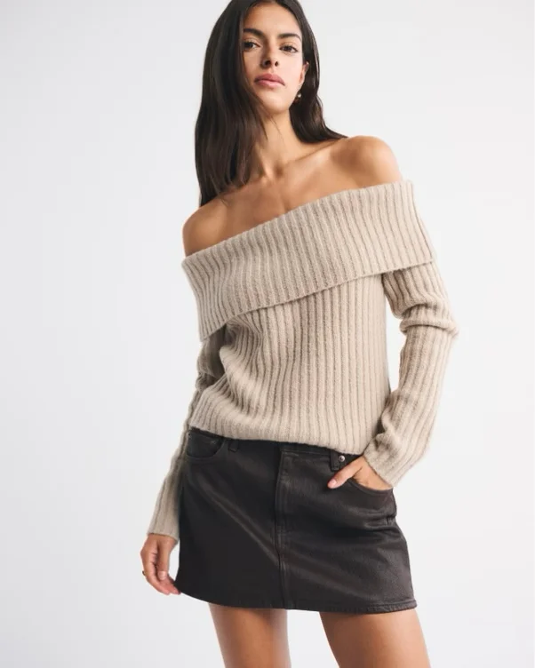 Ribbed Foldover Off-The-Shoulder Sweater