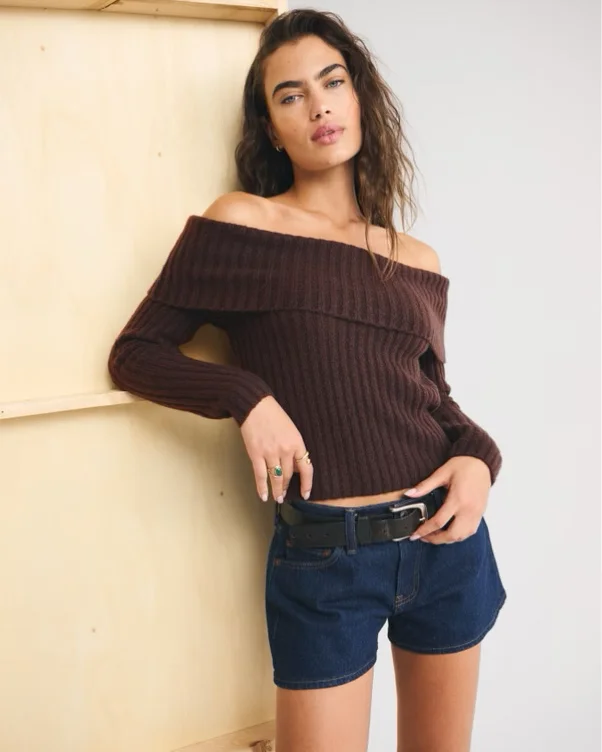 Ribbed Foldover Off-The-Shoulder Sweater