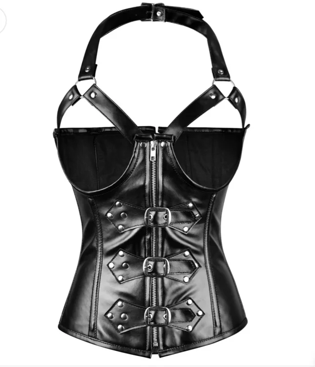 Steel Boned Real Leather Underbust corset w/ Halter Strap