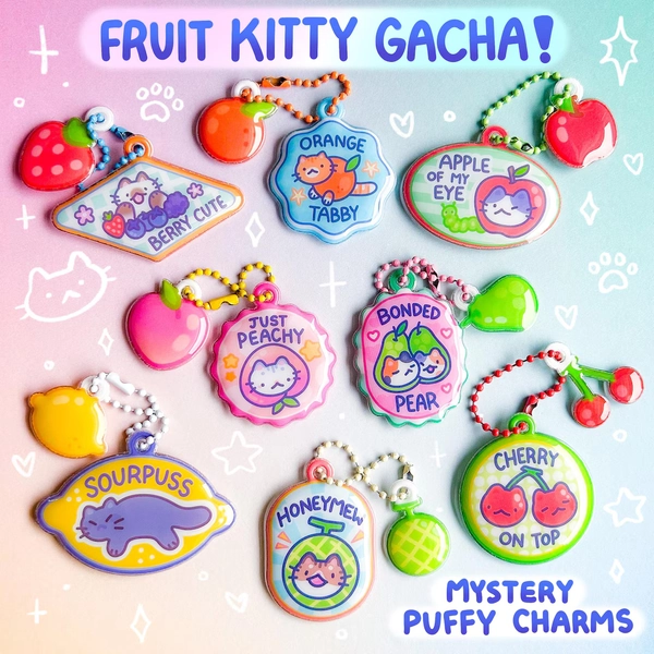 Fruit Kitty Puffy Squishy Mystery Charm Blind Bag Fruit Sticker Produce Cat Pet Picnic Pun Retro PVC Charm - Etsy