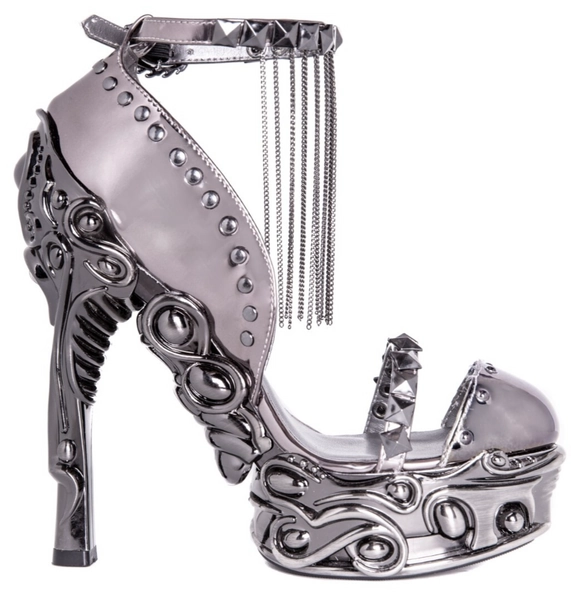 Hades EROS Silver Studs Chains 6" High Ornate Chrome Heels Platform Ankle Strap