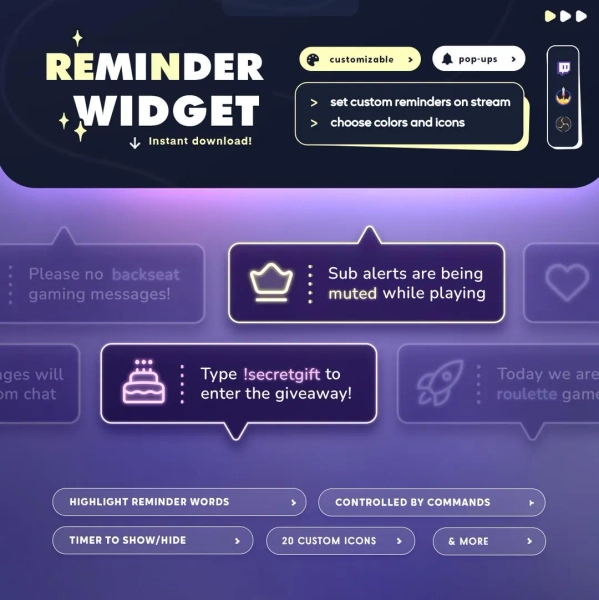 Pop-up Reminder Widget | Twitch | 30 Icons and Chat Commands | Streamelements OBS Streamlabs - Etsy