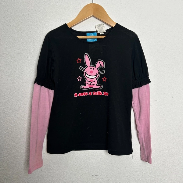 It's Happy Bunny Tee Shirt Youth Girls Size 10/12 Black Graphic Print Crew Neck