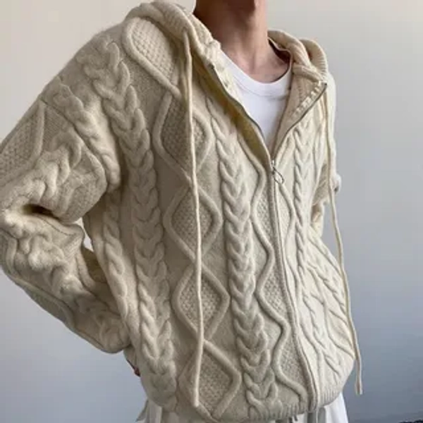 Plain Cable Knit Zip-Up Hoodie