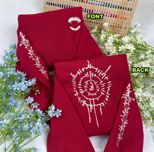 [Maroon] Astarion Tattoo Embroidered Sweatshirt, Baldur’s Gate 3 Hoodie for Gamer Fans, Vampire Gift for Him, Custom BG3 Embroidery Hoodie