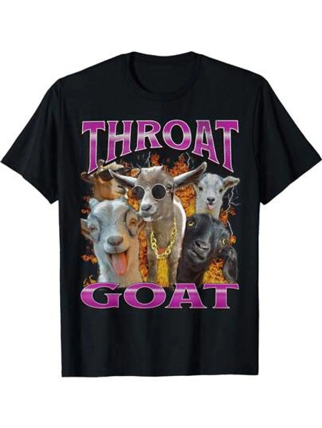 Shwiy Funny 'Throat Goat' Y2K Graphic T-Shirt - Offensive Adult Humor, Short Sleeve, Black Casual Knit Meme Print Tee With Bold Purple Lettering & Playful Goat Design, T-Shirt Playful Design Glossy Fabric