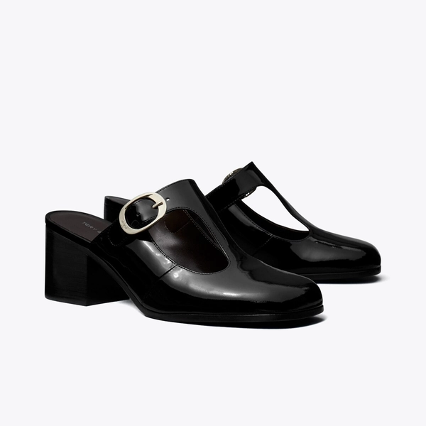 Violet T-Strap Heeled Mule in black, size 10