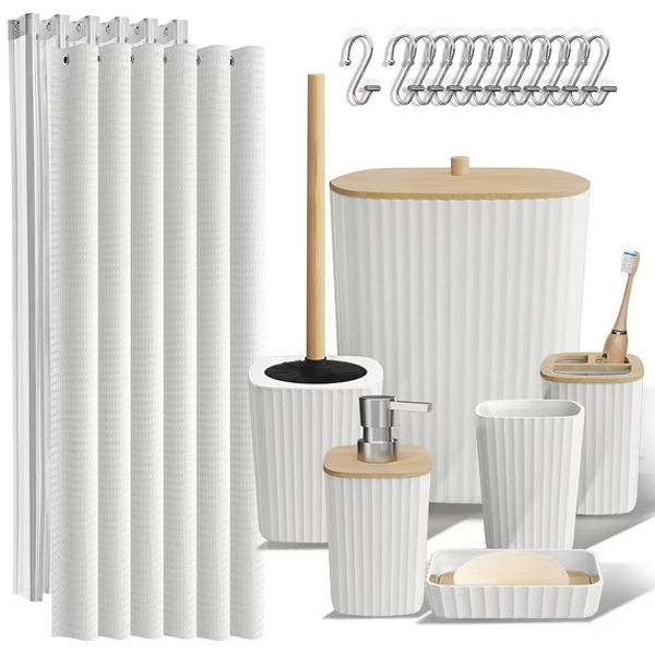 Hearth & Harbor 20 Piece Bamboo Bathroom Sets, White Bathroom Accessories Sets for Minimalistic Bathroom Décor
