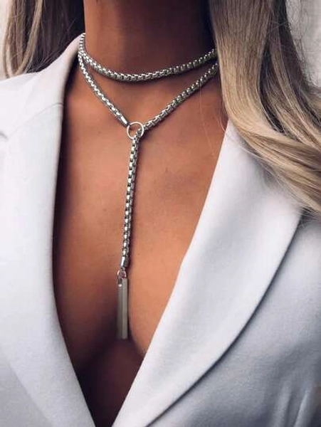 1pc Square & Rectangular Geometric Layered Necklace, Stainless Steel Box Chain Necklace, Fashion Punk Style Suitable For Men & Women, Daily, Party, Date Wear, Jewelry Gift