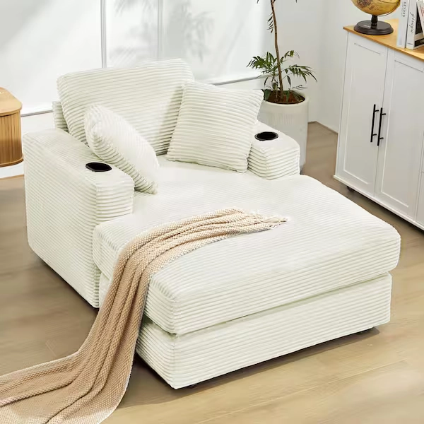 JEAREY 43 in. Beige Corduroy Velvet Chaise Lounge Fabric Sleeper Sofa Bed with 3 Back Pillows and 2 Cup Holders LQADXRGF-BG