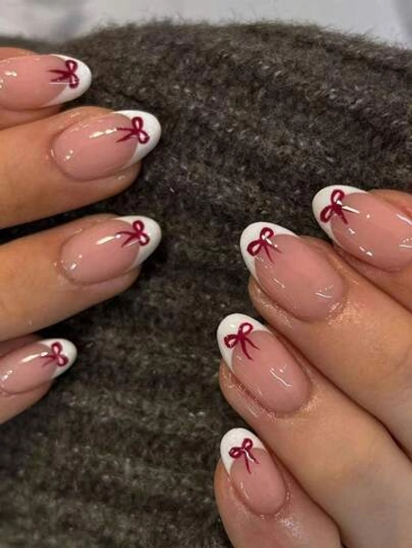 24Pcs Short Oval Cute Bow Pattern Design White French Tip Press On Nails Long Perfect Fit Design Acrylic False Nail Set, Include: 1Pc Jelly Glue And 1Pc Nail File, Valentine'S Day Nails & French Tip Nails For Women And Girls, Daily Life And Parties Use Nail Supplies Nails