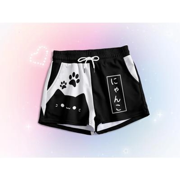 Harajuku Black Cat Shorts with Pockets, Kitty Pastel Goth Shorties, Yami Kawaii Clothing Creepy cute Japanese Streetwear Yamikawaii JFashion