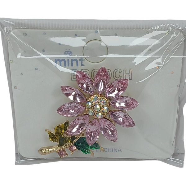 Mint Pink Crystal Flower Brooch Gold Tone Rhinestone Floral Pin NWT