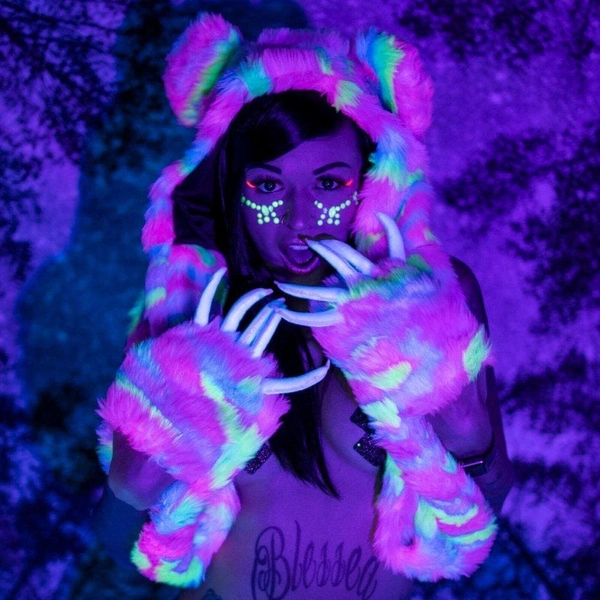 Neon Fur Bear Hood Blacklight Reactive 