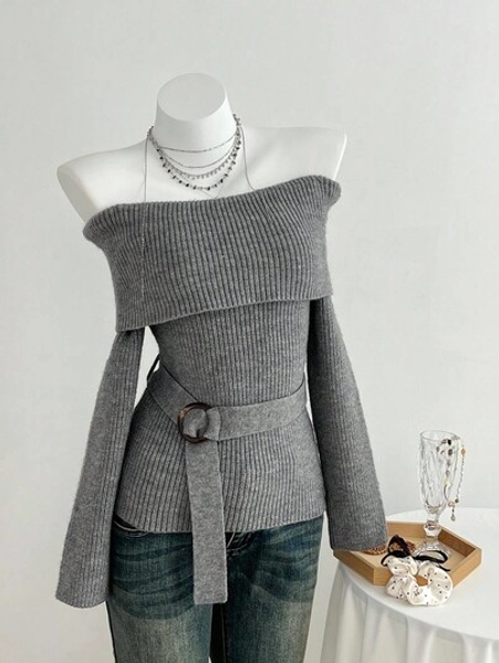 Elamini Women's Minimalist Fashion All-Match Date Versatile Off Shoulder Tie Waist Sweater