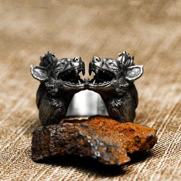 Sterling Silver Double Headed Hyena Ring