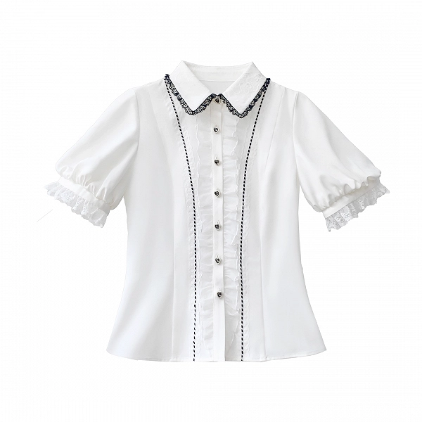 Jirai Kei White Puff Sleeve Blouse with Sweetheart Rhinestone Buttons & Black Lace Trim