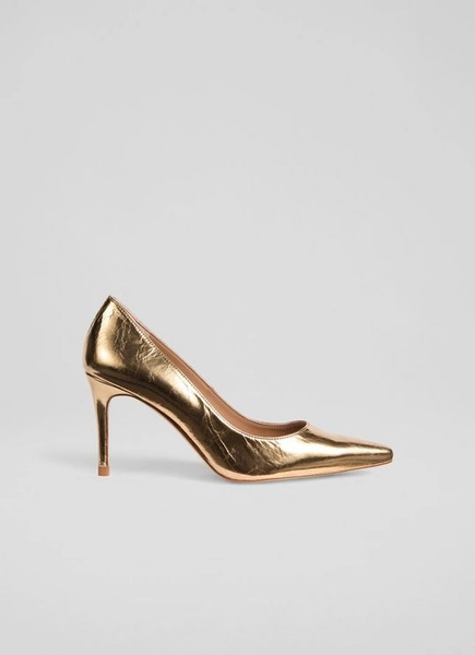 New Floret Gold Leather Pointed Toe Courts