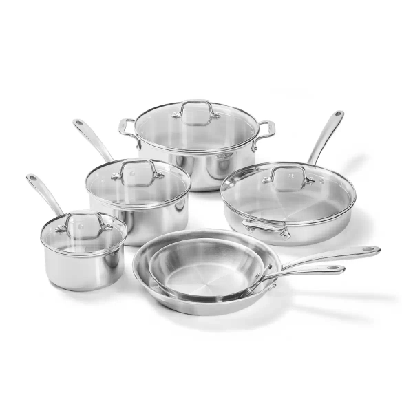 D3 Stainless Everyday 3-ply Bonded Cookware Set with Glass Lids, 10 piece Set