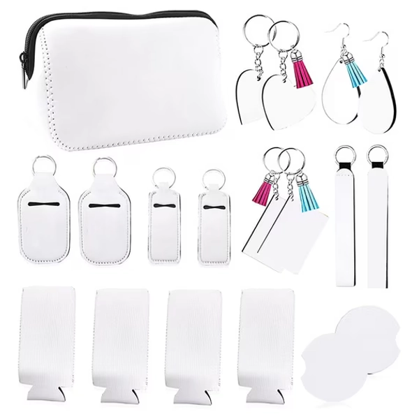 DIY Sublimation Blanks Set for Crafting: 23-Piece Makeup Bag Kit with Keychains, Earrings, Cup Coasters and Tassels