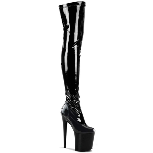 Pleaser Flamingo-3000 - Black Stretch Pat/Black in Boots - $113.95