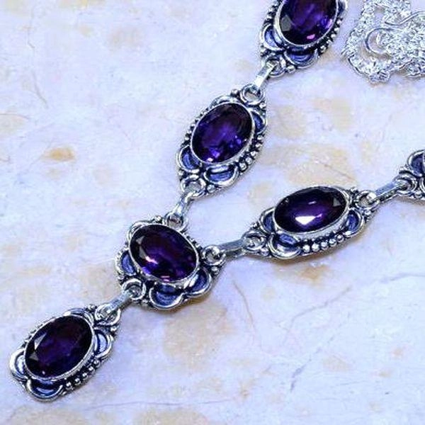AM-1260 - COLLIER, PARURE, SAUTOIR 6 AMETHYSTES Pourpres violettes facettées ovales 10 x 15 mm monture argent 925 - 150 carats - 30 gr