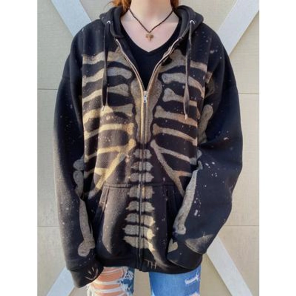 SKELEHOODIE Bleached Skeleton Zip-Up Hoodie LARGE