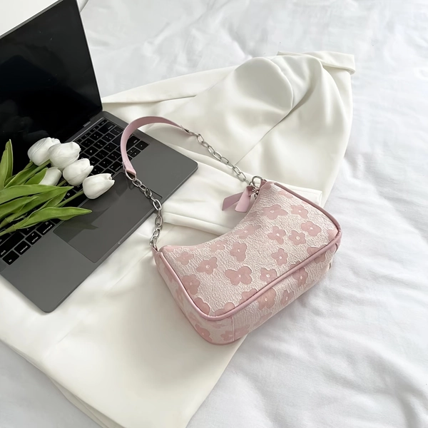 Floral Print Shoulder Bag, Trendy Casual Handbag with Zipper, Simple Versatile Hand Bag
