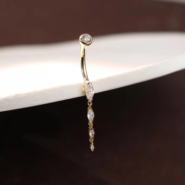 14K Solid Gold Diamond Belly Ring/dangle CZ Navel Piercing/sparkling Curved Barbell Piercing/gemstone Jewelry/internal Threaded 14G - Etsy
