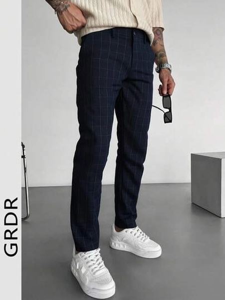 Men's Plaid Button Detail Casual Pants Without Belt, Suitable For Outings, Vacations, Parties, Slim Fit Suit Pants