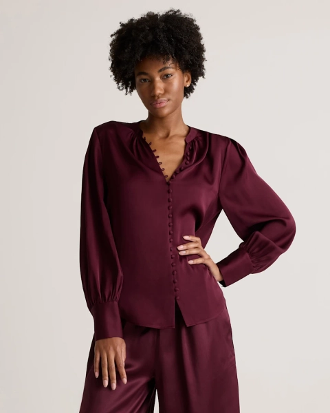 Washable Stretch Silk Peasant Blouse in Wine Tasting Red | Quince Canada