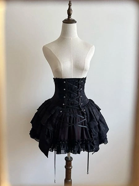 [$92.00]Black Super High Corset Waist Gothic Lolita Layered Skirt