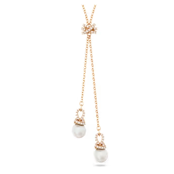 Originally Y pendant, Crystal pearl, White, Rose gold-tone plated