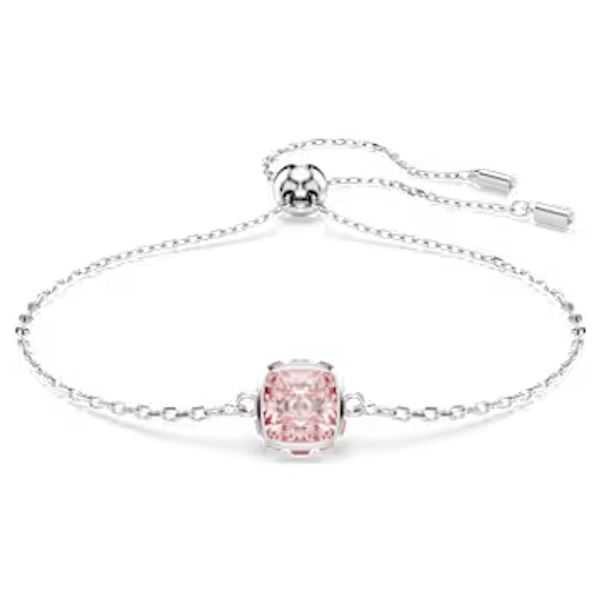 Birthstone bracelet, Square cut, June, Pink, Rhodium plated