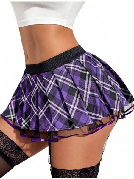 Women Lingerie Role Play Pleated Costume Mini Skirt With Garter Schoolgirl Outifts