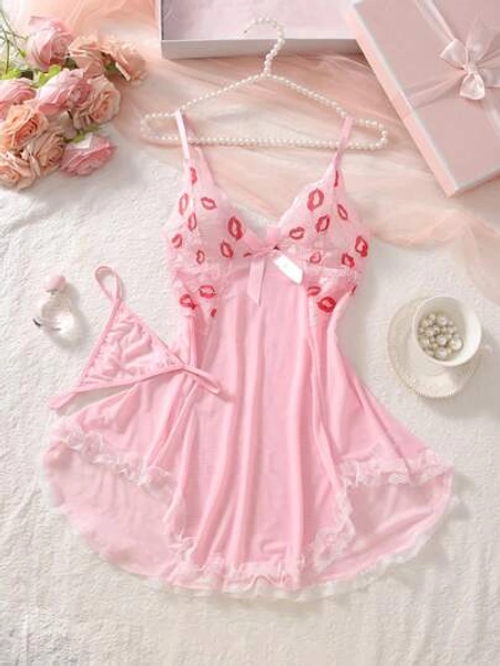 Pink Contrast Lip Print Sexy Nightgown, Women's Semi-Sheer Lingerie, Lace Trim Asymmetrical Hem Design Evening Dress, With G-String