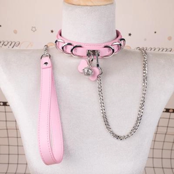 Adjustable Pink Leather Collar with Bell
