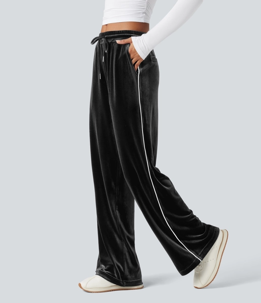 XS(Regular) Black Mid Rise Drawstring Straight Leg Velvet Casual Pants with Pockets