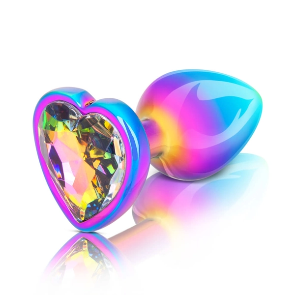 rainbow metal anal plug with rainbow heart crystal stone small
