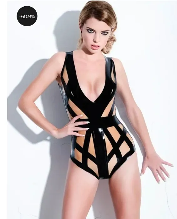 Latex Bodysuit Cage, in Black and Translucent Natural. lingerie.