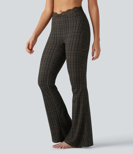 Sandstone Check Plaid Halara™ V-Shaped High Waisted Contrast Lace Yoga Flare Leggings with Pockets