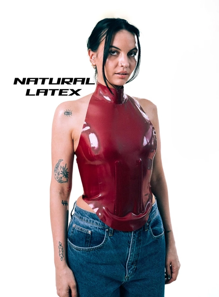 Natural Latex Halter Corset Top with Stainless Steel Boning in Metallic Red