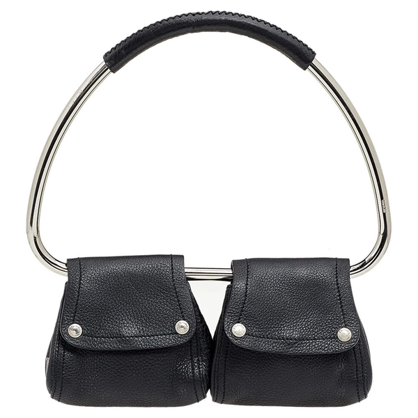Prada Black Leather Silver Loop Top Handle Bag