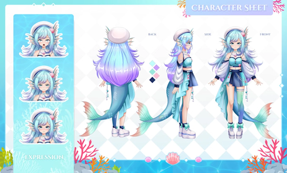 draw character reference sheet in anime style for vtuber model and concept art