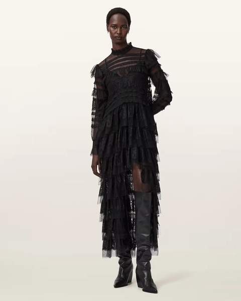 Cavarly Tiered Lace Maxi Dress LACE BLACK | ALLSAINTS US
