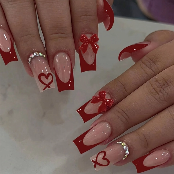 TEMU 24pcs Long Square Shape Press On Nails Red Coffin Shape Nail Tips Fake Nails Square Coffin Press Ons Cute Bow Heart Stick On Nails With