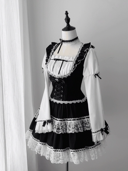 [$85.00]Dark Romance Juliette Sleeve Dress in Black & White: Snow White Hime x Jirai Kei with Opulent Lace