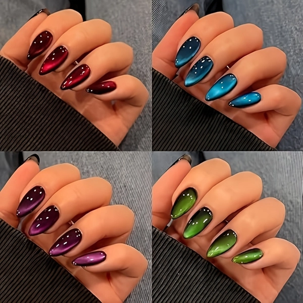 TEMU 4pcs Set Cat Eye Press-on Almond Nails, Medium Stiletto Press-on Nails, Glitter Press-on Fake Nails, Cute And Sparkly, Suitable As A New Year's