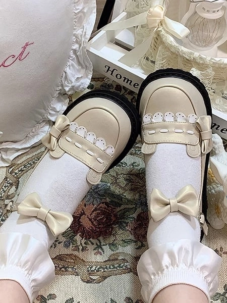 [$41.00]Beige Sweet Lolita Shoes - Bear Ear Embellishments with Charming Bow Accents